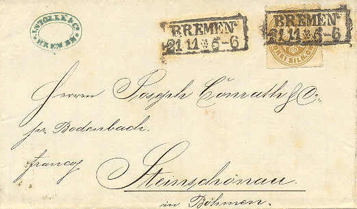 Prussian foreign post - letter from Bremen (1867-11-21) to Kamenicky Senov (1867-11-23)